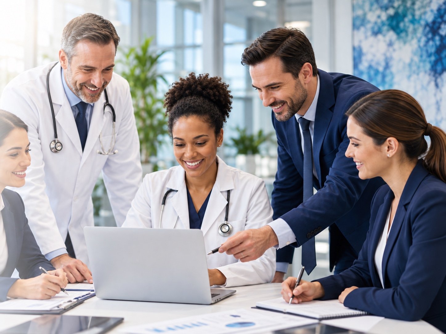 A SaMeD RCM team of healthcare and business professionals reviewing work together at a laptop