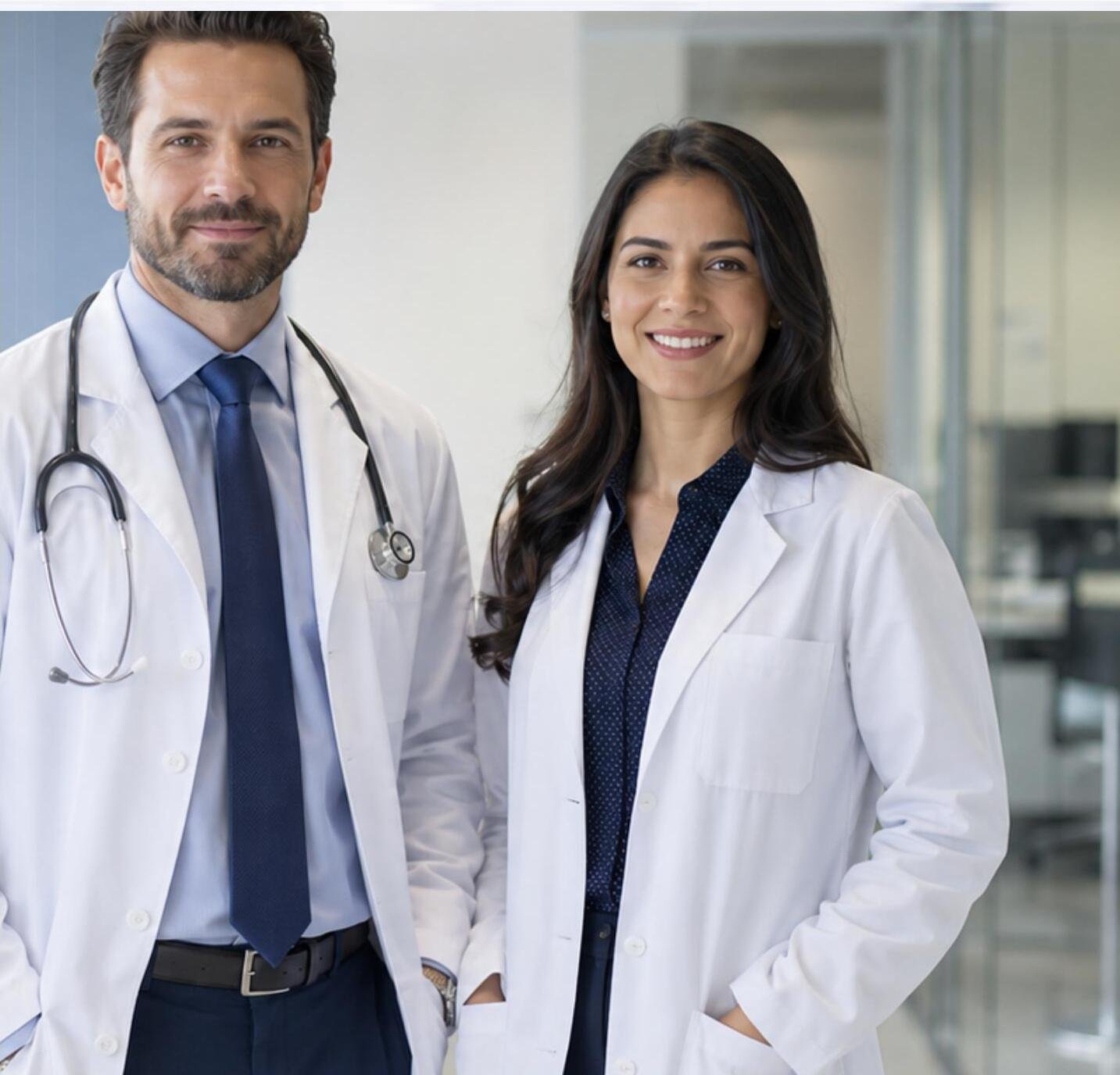 Two physicians in white coats standing together in a clinic