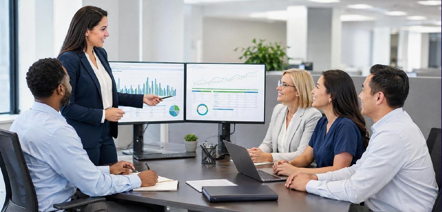 An RCM team reviewing practice performance dashboards in a meeting room