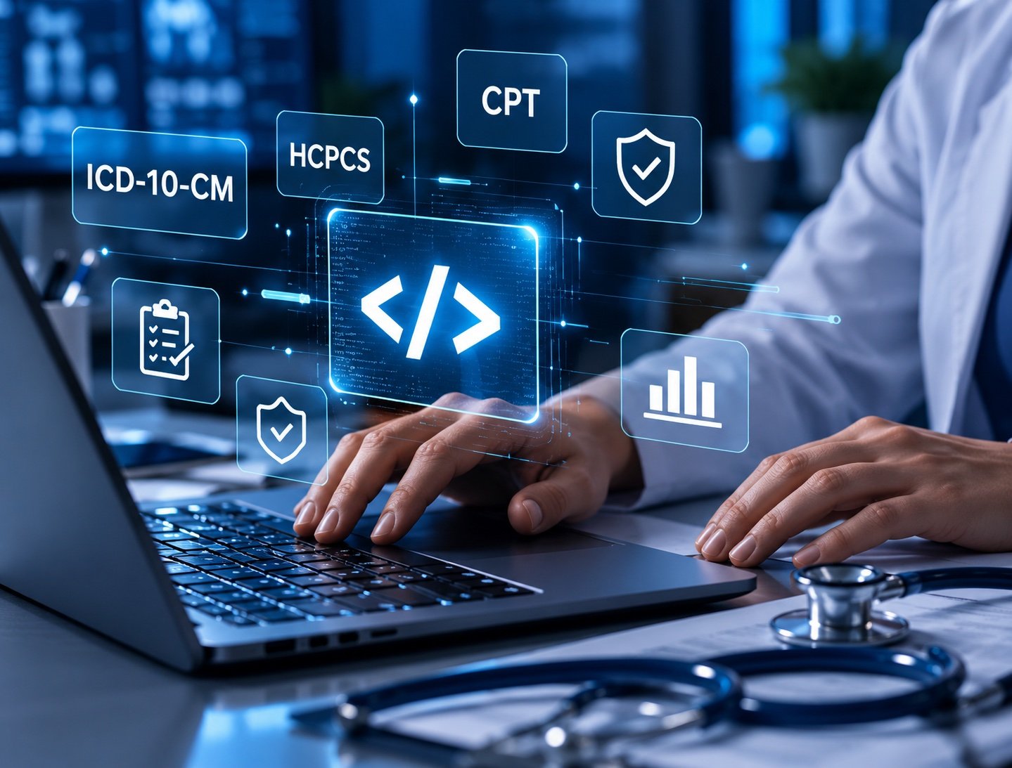 Medical coder working on a laptop with ICD-10-CM and CPT coding graphics