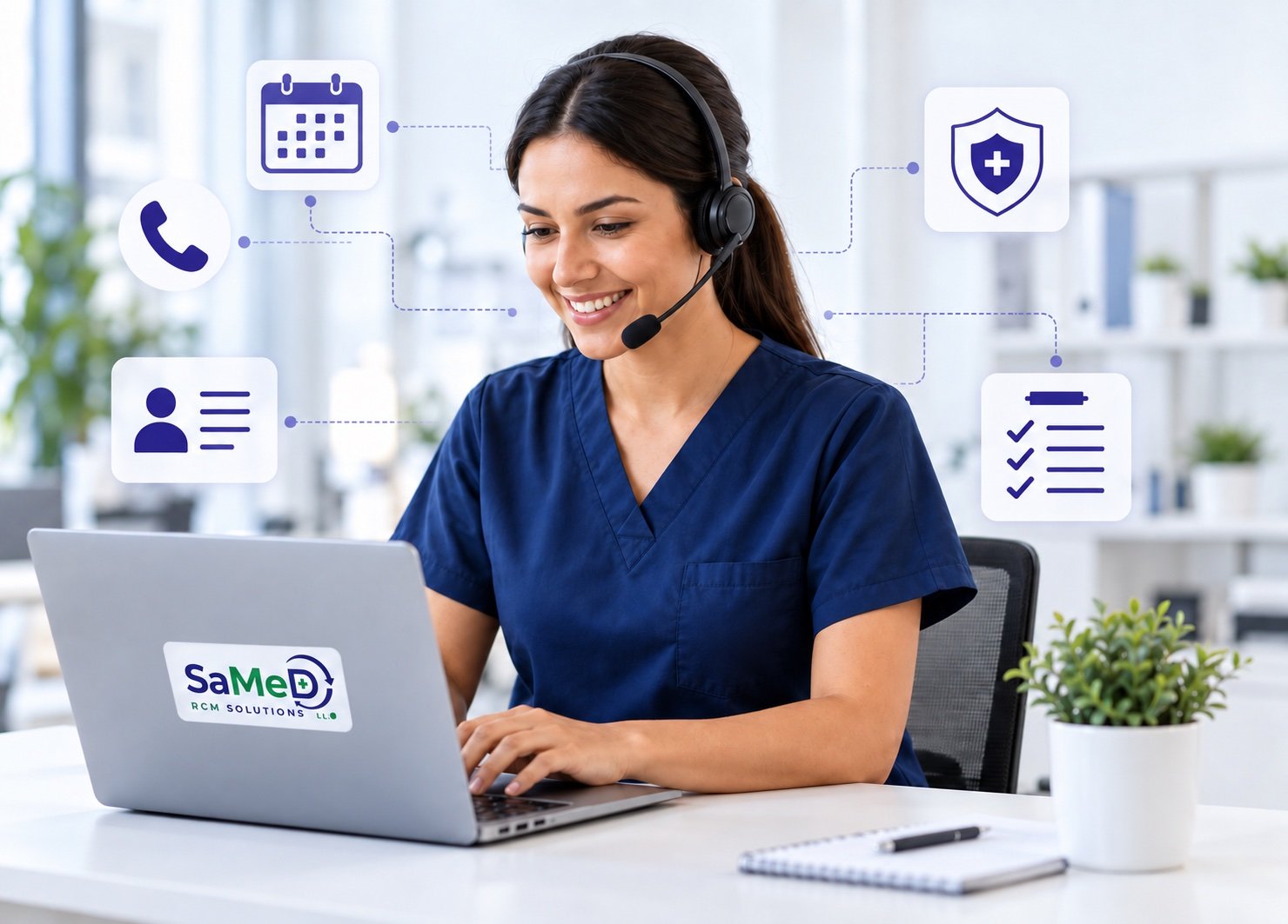 Smiling front office assistant wearing a headset, working on a laptop with scheduling, calls, patient records and checklist icons around her