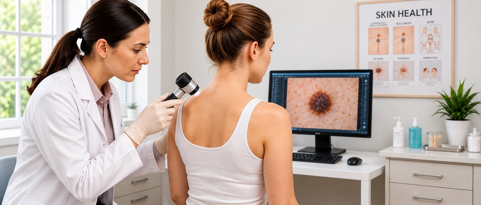 A dermatologist examining a patient's shoulder with a dermatoscope beside a skin image on a monitor