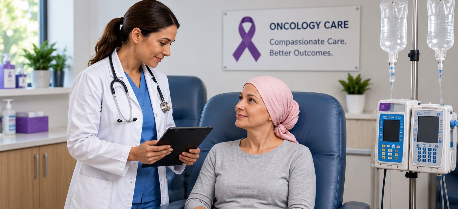 An oncologist with a tablet talking with a patient in a headscarf in an infusion chair beside IV pumps