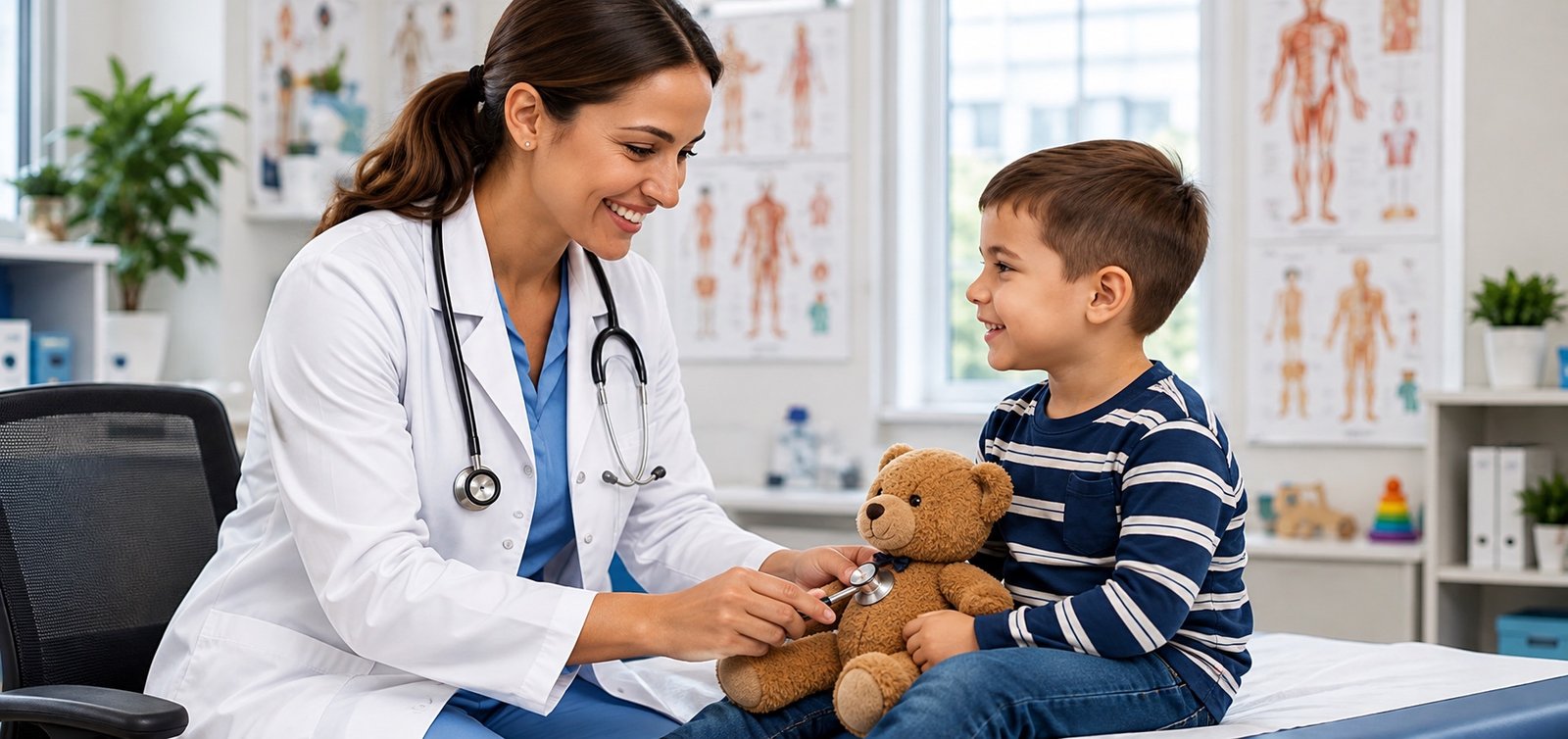 A smiling female doctor with a young boy holding a teddy bear in a pediatric exam room