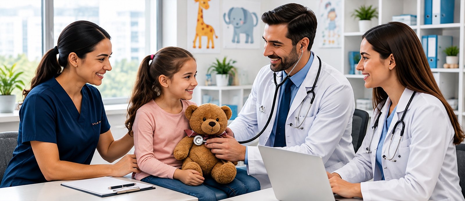 A pediatrician, nurse and doctor smiling with a young girl holding a teddy bear at a clinic table