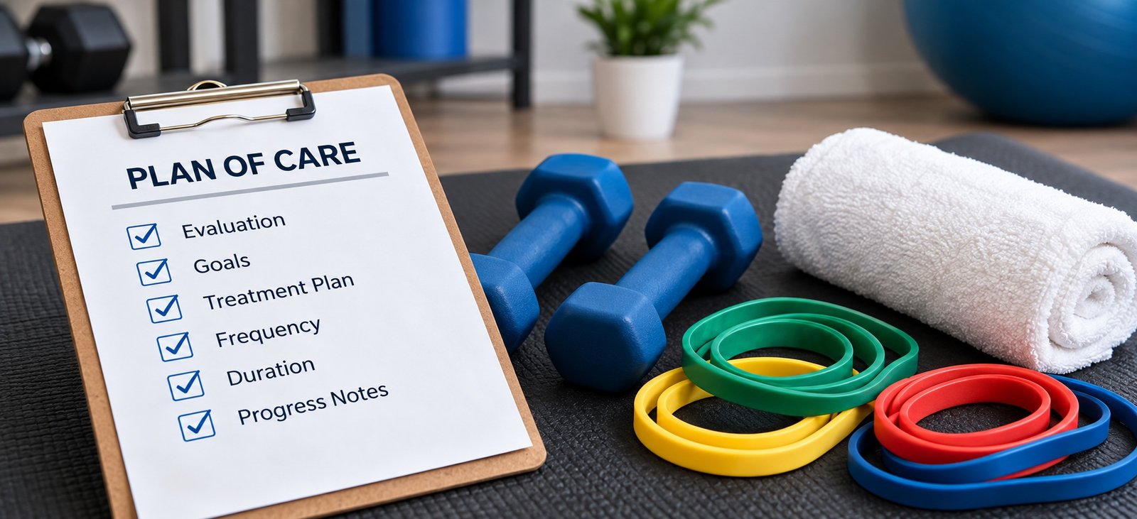 Illustration of a Plan of Care clipboard with blue dumbbells, a rolled towel and resistance bands