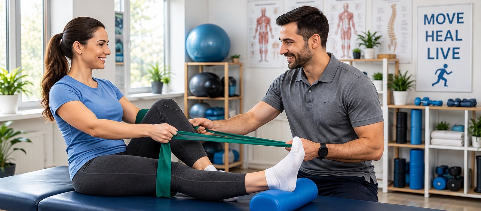 A physical therapist guiding a smiling patient through a resistance band leg exercise on a treatment table
