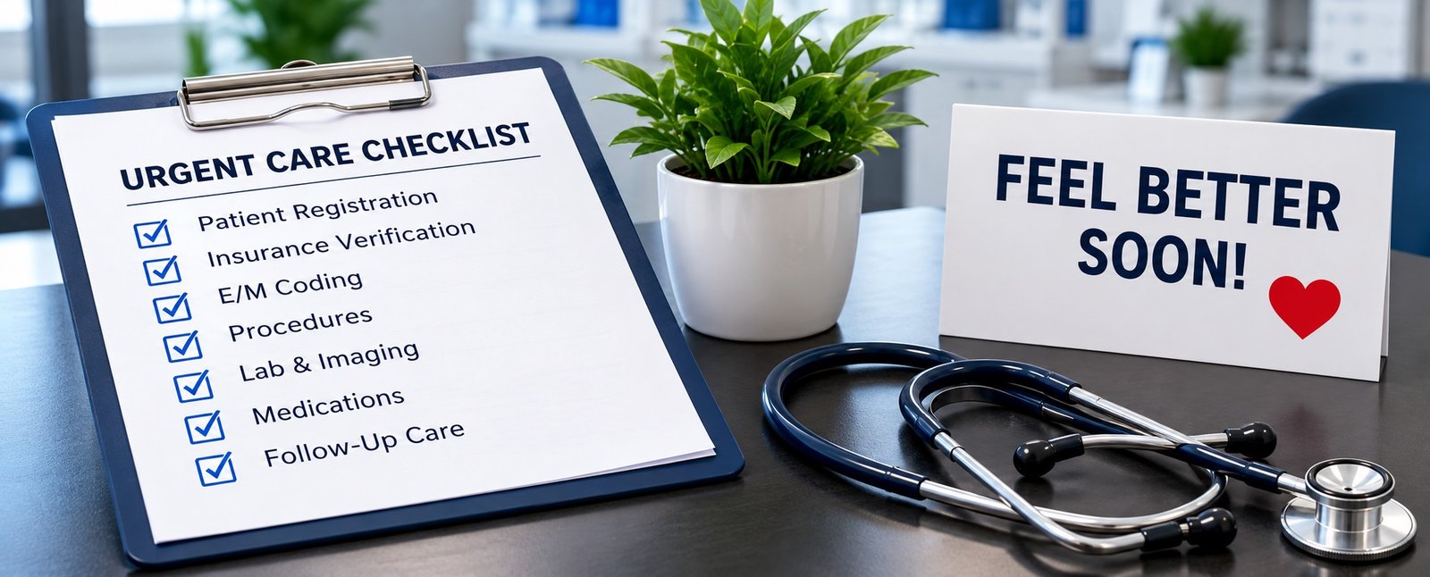 Illustration of an Urgent Care Checklist clipboard beside a stethoscope, a potted plant and a Feel Better Soon card