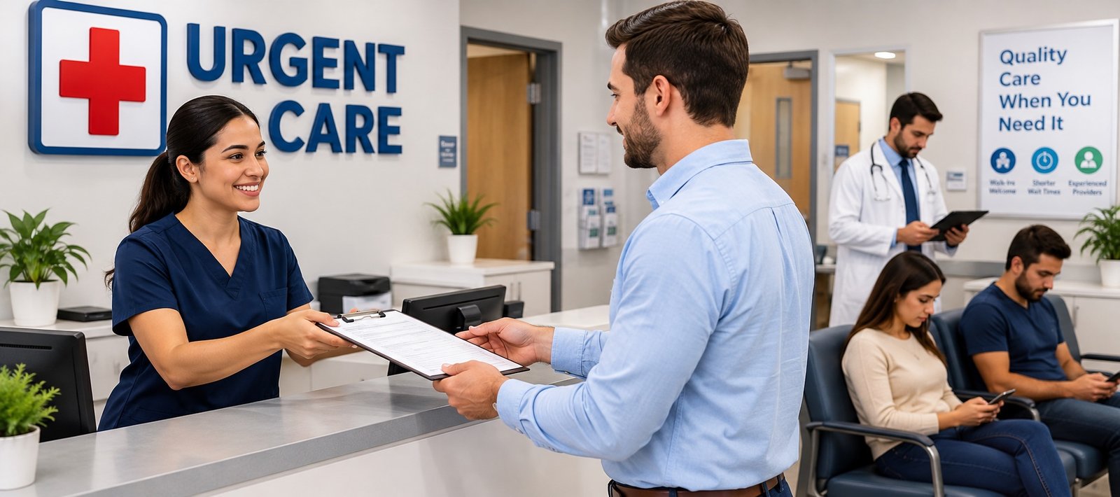 A smiling urgent care receptionist handing a clipboard to a patient at the front desk, with a doctor and patients waiting behind