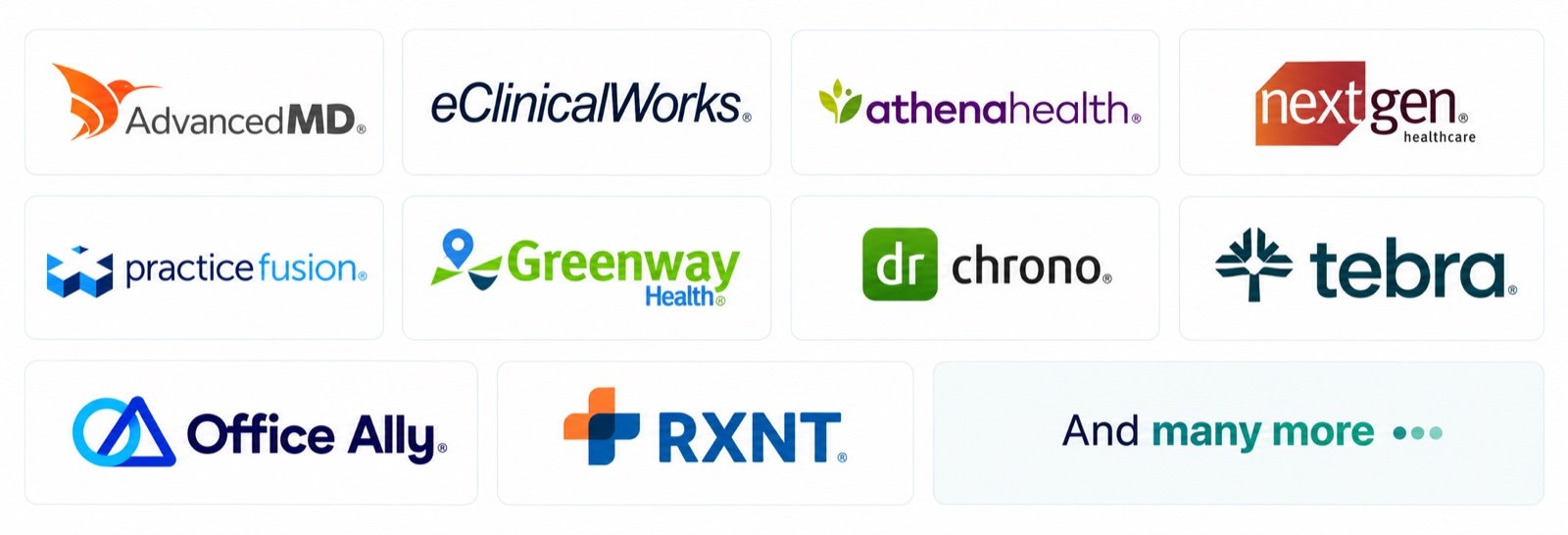 AdvancedMD, eClinicalWorks, athenahealth, NextGen Healthcare, Practice Fusion, Greenway Health, DrChrono, Tebra, Office Ally, RXNT and many more