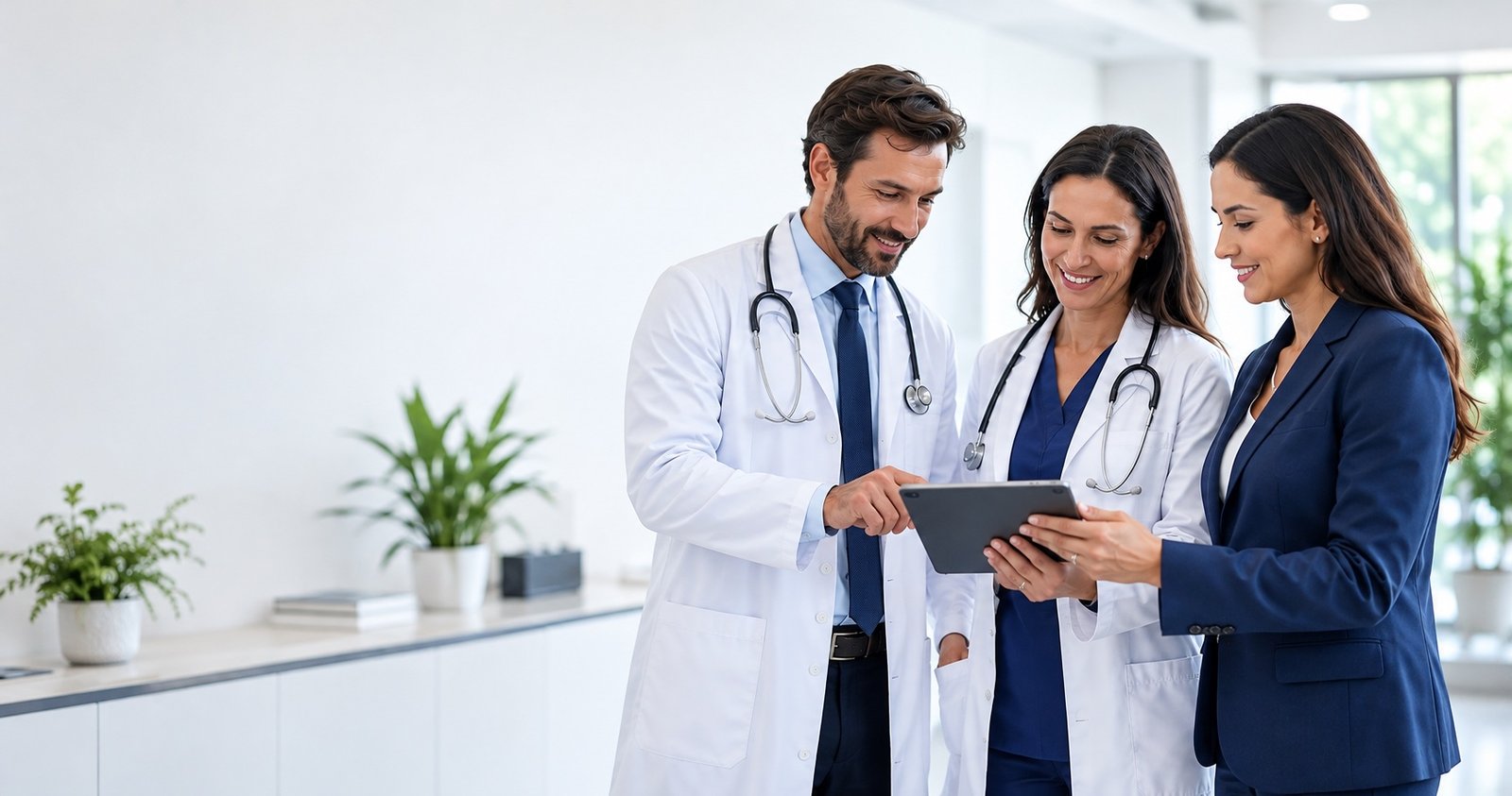 A male doctor, a female doctor and a practice manager reviewing results together on a tablet